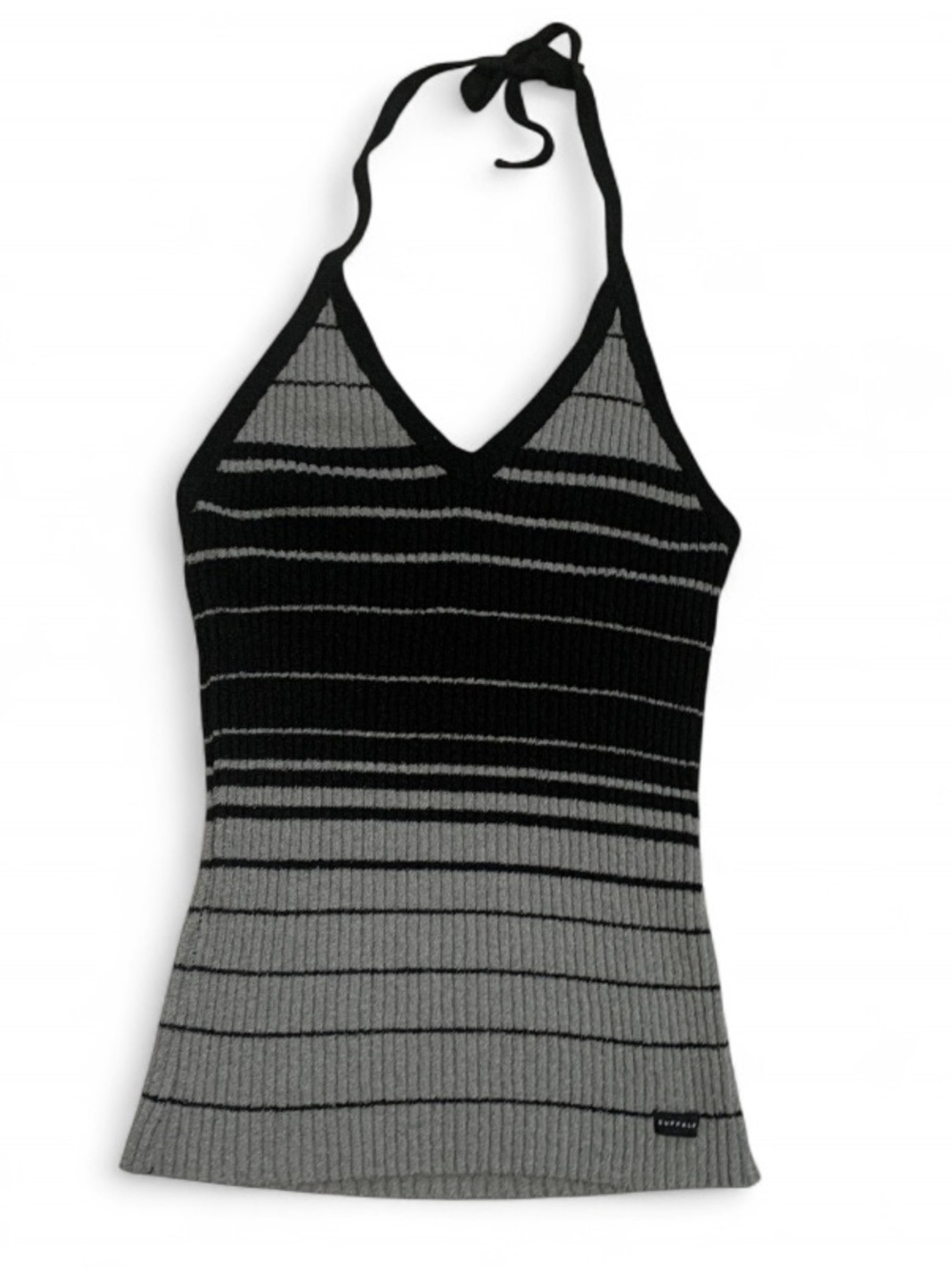 Y2K Buffalo Black & Gray Striped Halter Knit Ribbed Tank Top